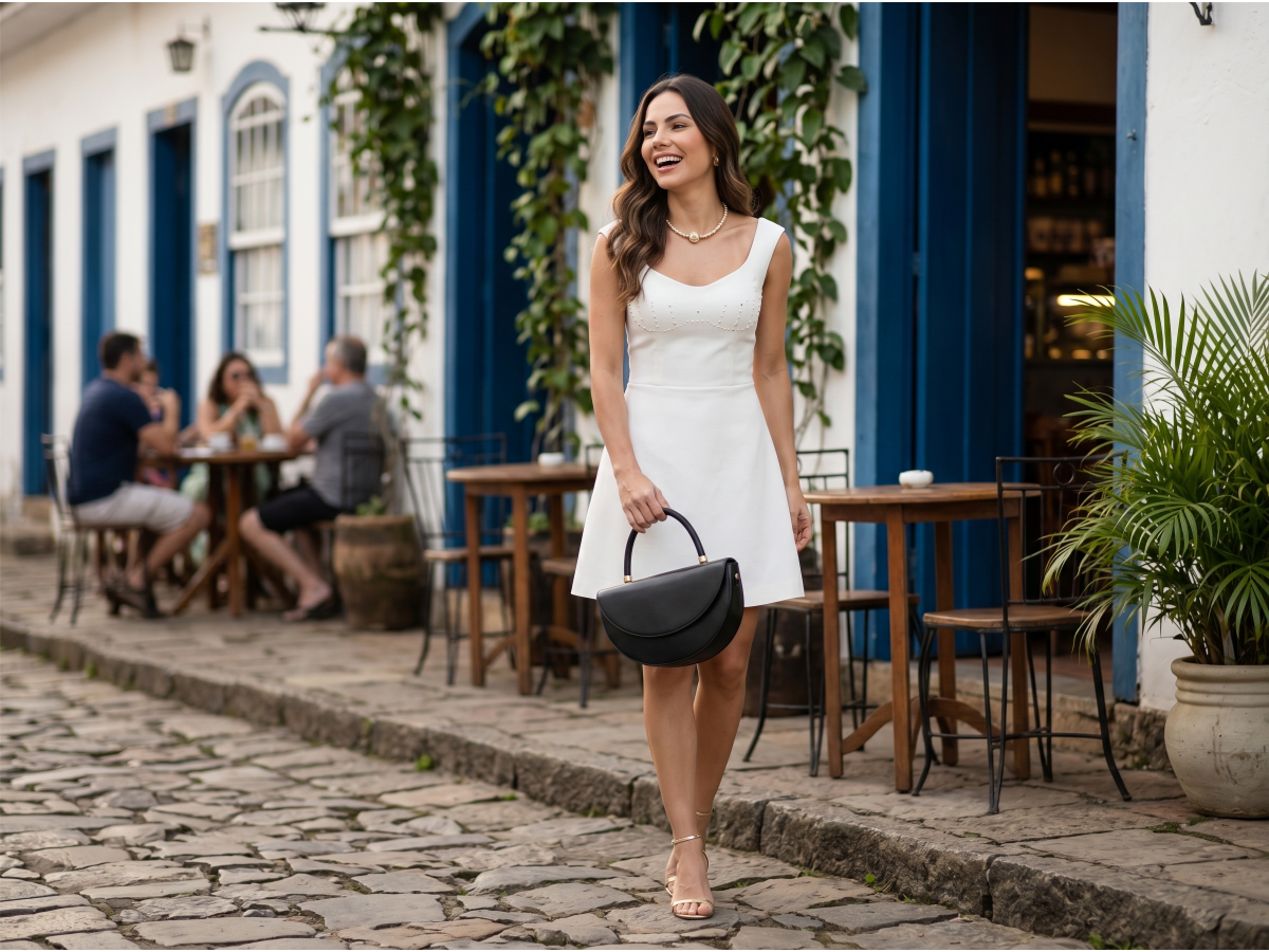 Mulher usando clutch meia-lua preta em rua charmosa com caf&eacute;s ao fundo &mdash; Lundiar
